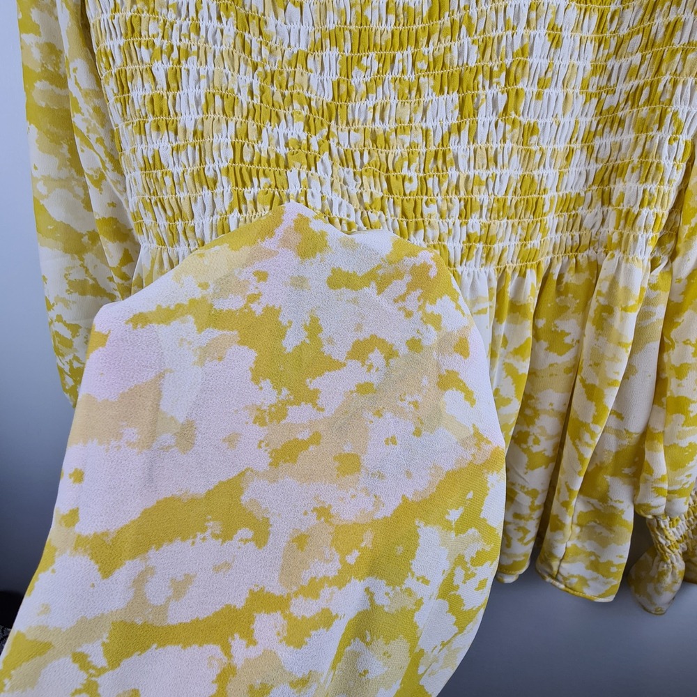 Rose + Olive Yellow White Abstract Smocked Peplum Blouse Long Sleeve Medium - Picture 5 of 8